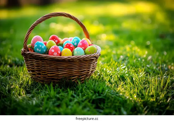 Easter Basket Filled with Colorful Eggs in Grass