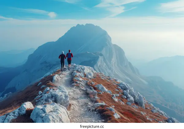 Two runners on a mountain ridge with a stunning view of the mountains in the distance