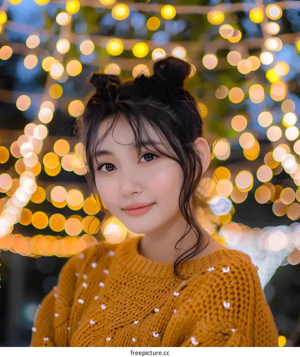 Asian Woman in Brown Sweater with Lights in Background