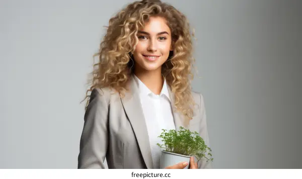portrait of a young woman holding a potted plant