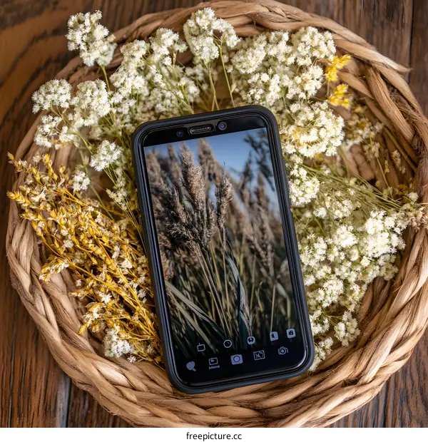 Black Smartphone in Wicker Basket with Flowers
