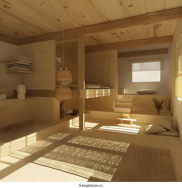 Modern Minimalist Interior Design Featuring Wooden Walls and Woven Light Fixture