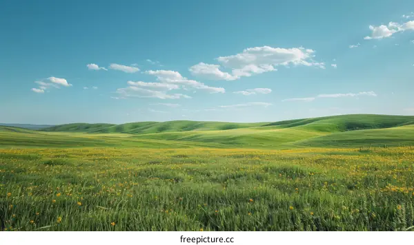 Vast green rolling hills under blue sky with white clouds