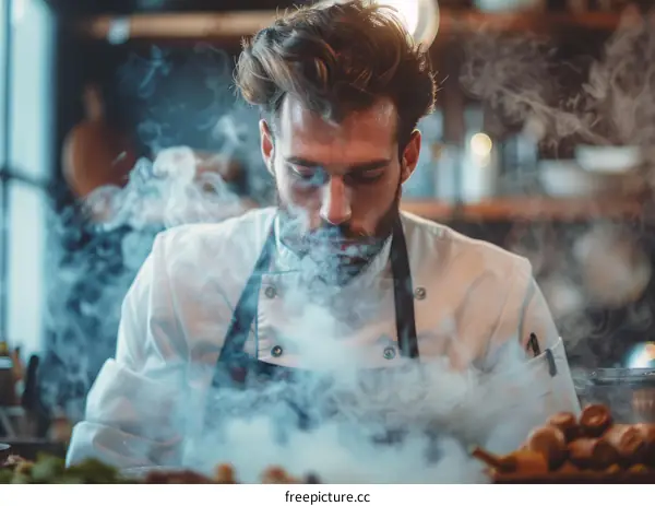 Focused male chef smelling aroma of dish in kitchen