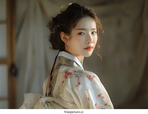 Portrait of a young woman in traditional Korean dress, or Hanbok