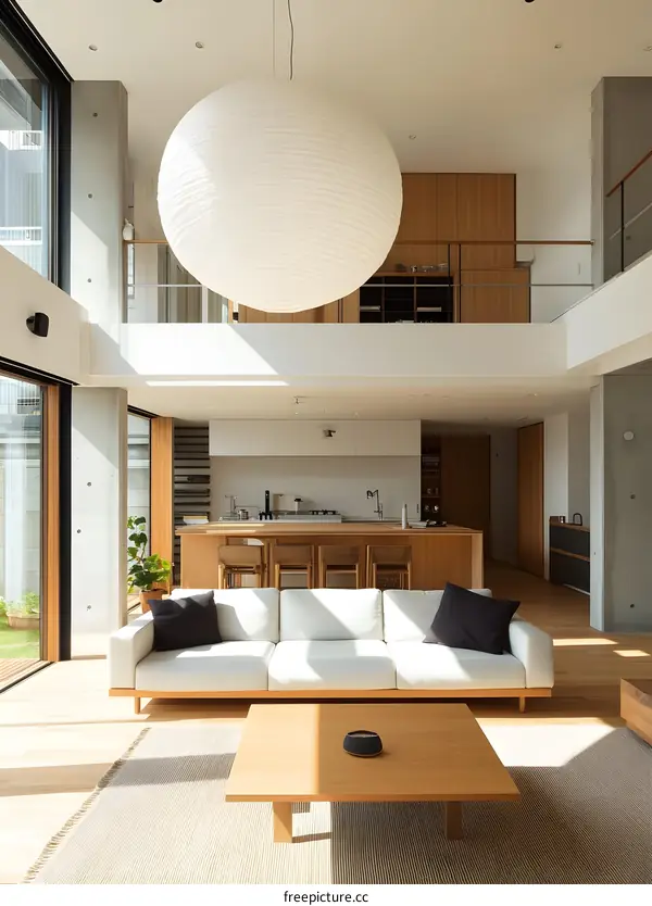 Modern Minimalist Living Room Design with Large White Sphere Lamp