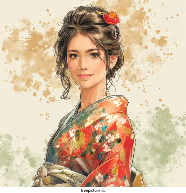 An illustration of a beautiful woman in a kimono with a red flower in her hair.