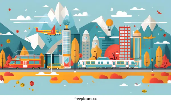 Modern Cityscape Illustration with Mountains and Transportation