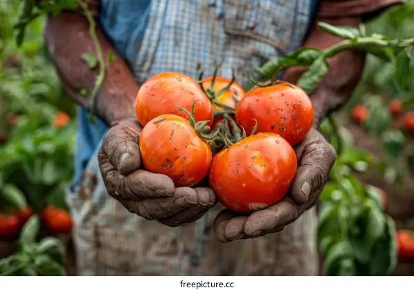 Black farmer holding freshly-harvested tomatoes in his hands