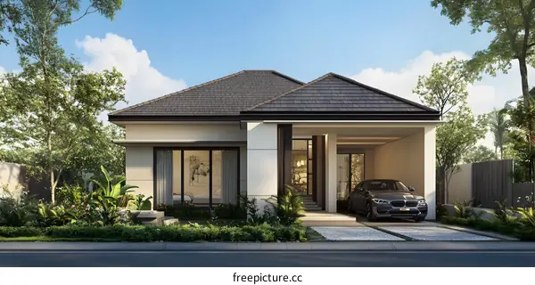 Modern Single Story Home With Garage and Landscaping