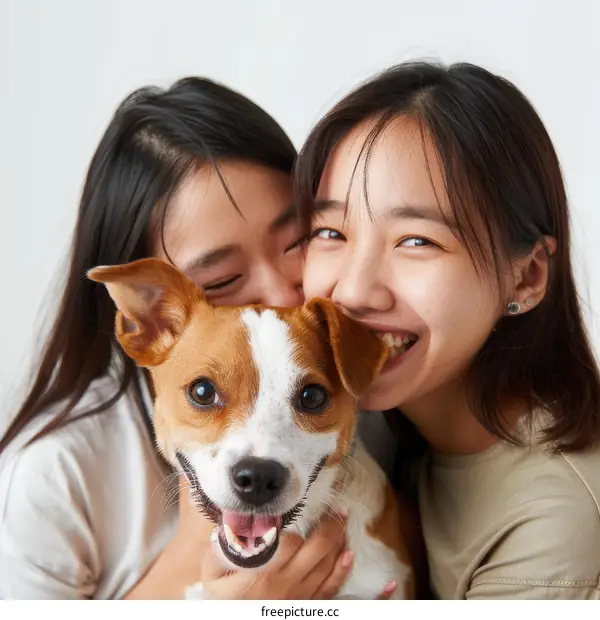 Two Asian young women with a small dog