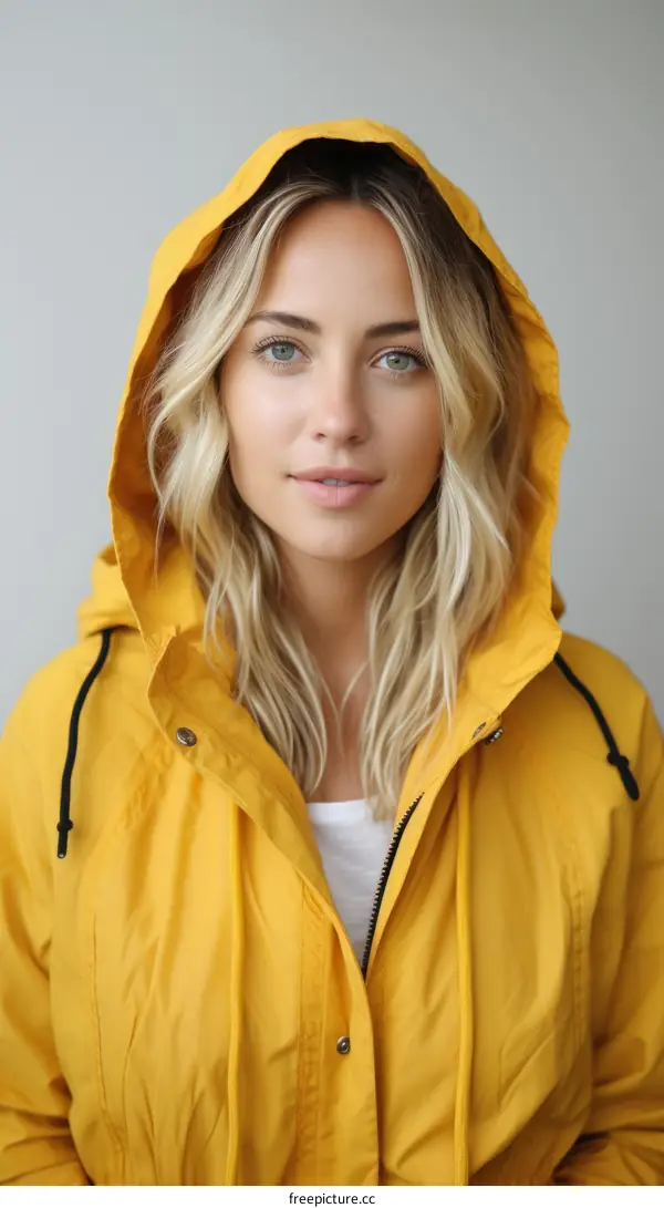 Young woman in a yellow raincoat