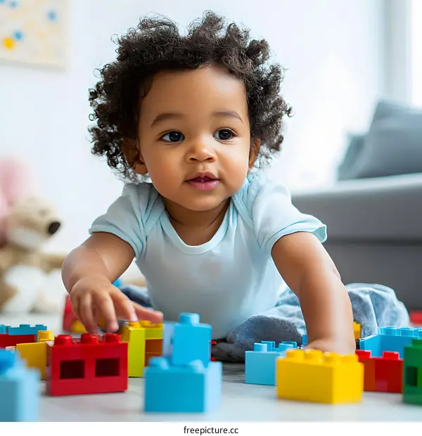 Cute Little Boy Playing with Colorful Building Blocks on the Floor