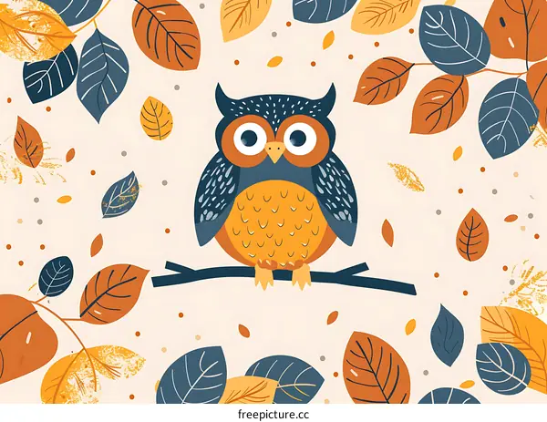 Autumn Owl with Colorful Leaves Illustration