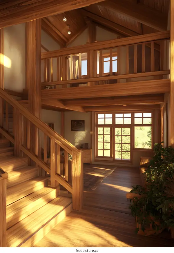 Wooden Staircase Interior Design with Sunbeams
