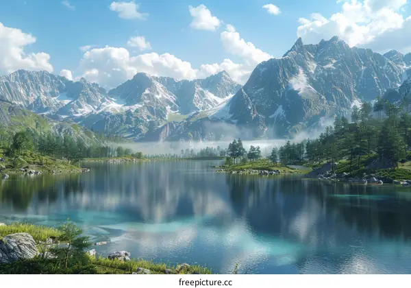 Serene Mountain Lake with Forest and Clouds