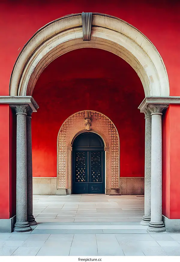 Red Wall with Archway and Black Door