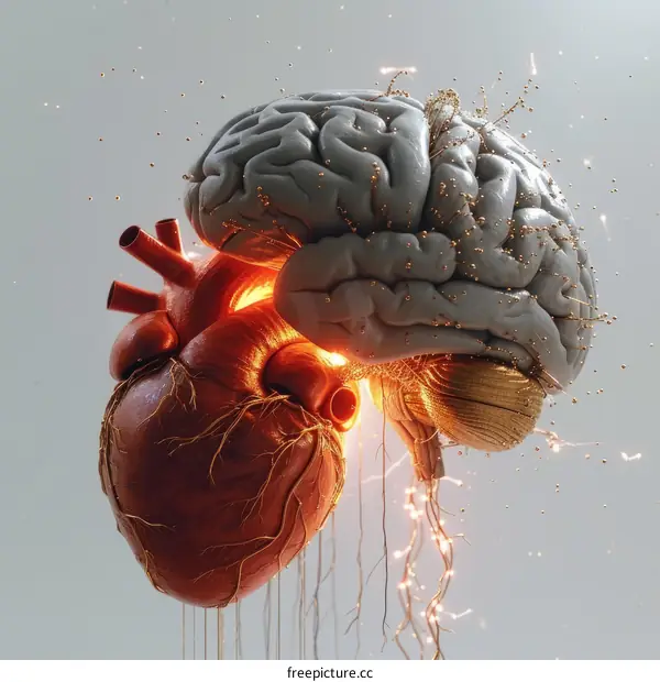 The human brain and heart are connected by a network of nerves and blood vessels.