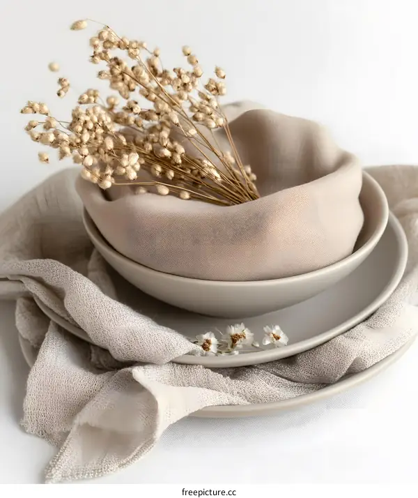 Minimalist Table Setting with Dried Flowers and Linen Napkins