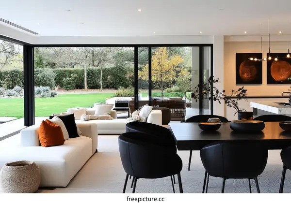 Modern Open-plan Living Dining Area with Garden View