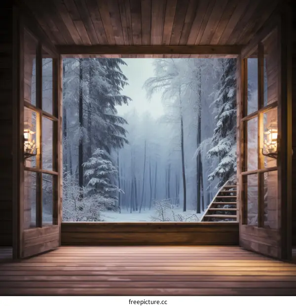 Log Cabin Set Deep In A Snowy Forest