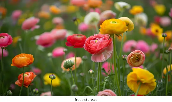 Colorful Ranunculus Flowers In A Garden