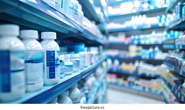 Pharmacy Shelves With Various Bottles of Medicines