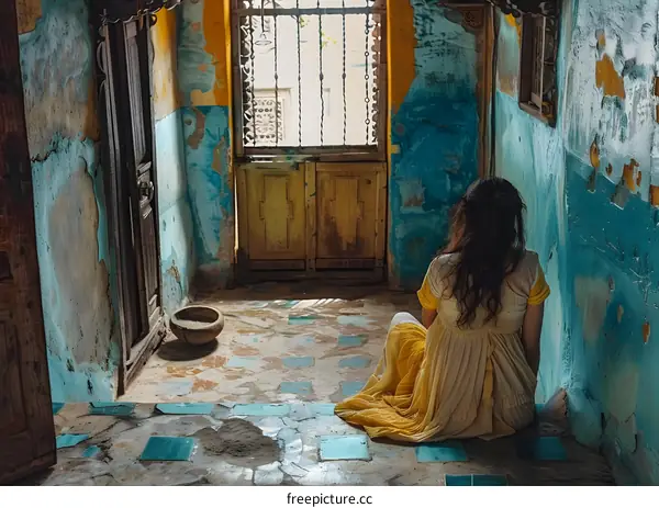 A woman sits on the floor in a colorful room