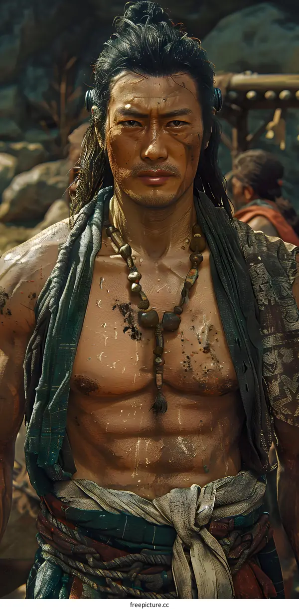 Portrait of a shirtless Asian man with long black hair and a beaded necklace