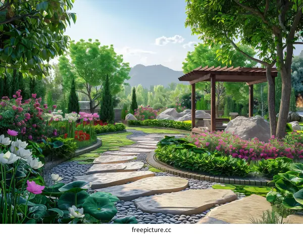 landscaping with stone path and flowers