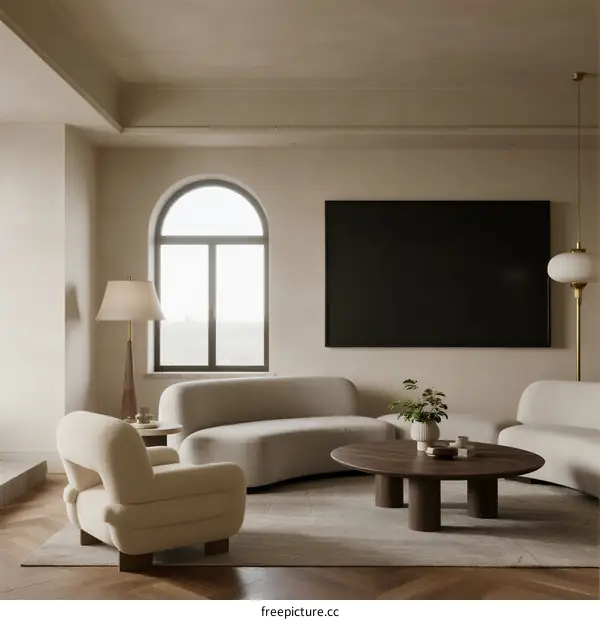 Elegant Living Room with Arched Window and Curved Sofa