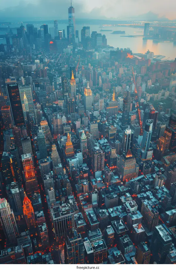 Aerial View of New York City Skyline at Dusk
