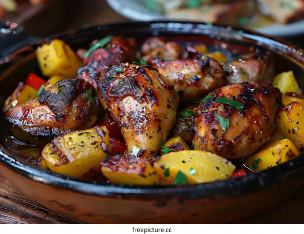 Roasted Chicken with Potatoes and Peppers in a Clay Pot