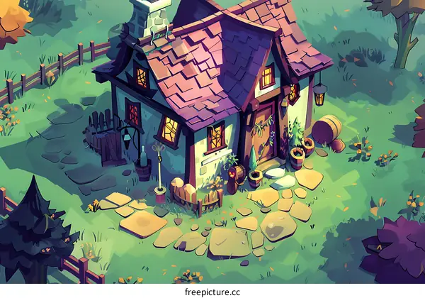 Fantasy Cottage Illustration With Stone Pathway