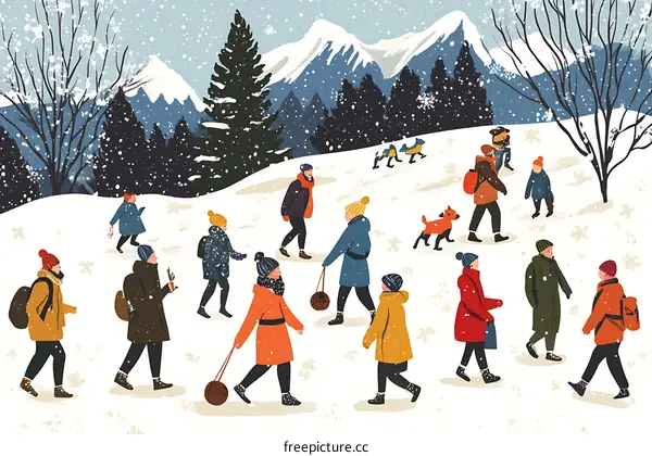 People Walking in Snowy Mountain Landscape Illustration