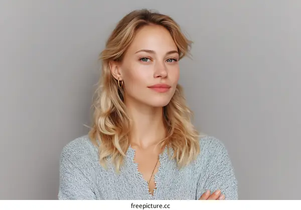 Portrait of a Blonde Woman in a Gray Sweater