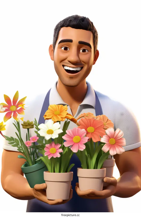 Happy smiling man holding pots of flowers