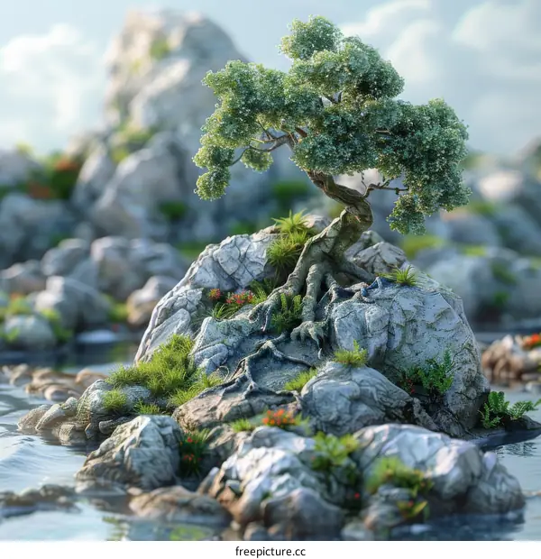 Solitary Tree Growing on a Rock in a Lake