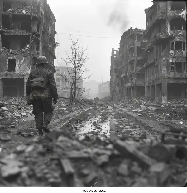 A soldier walking through a destroyed city during World War II.