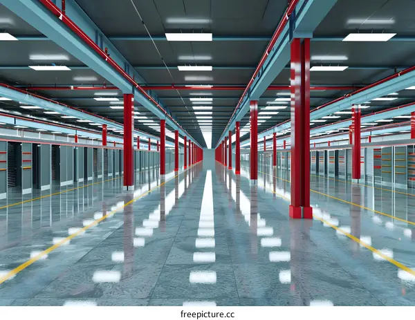 Modern Warehouse Interior With Red Pillars And Reflective Floor
