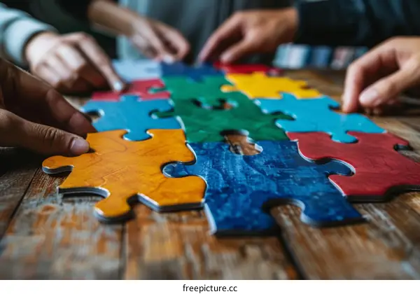 A group of people of different ethnicities are putting together a puzzle.