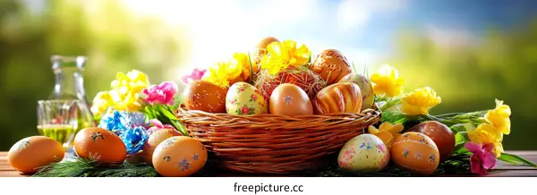 Easter Basket with Decorated Eggs and Flowers