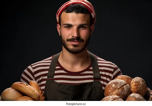 Portrait of a male baker with a basket of bread