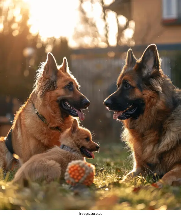 Three dogs of different breeds playing together outside in the sun