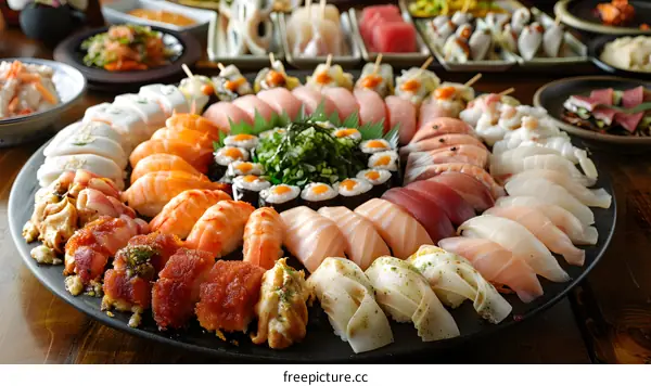 Sushi Platter with Different Types of Seafood and Rice