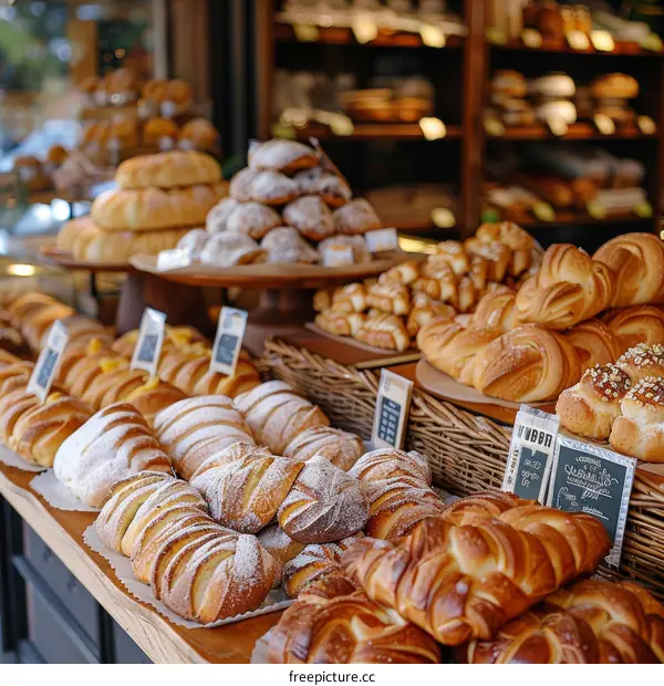 Freshly baked pastries on wooden shelves in a bakery.