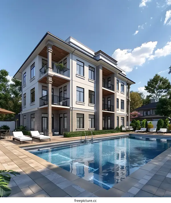 An illustration of a modern apartment building with a pool