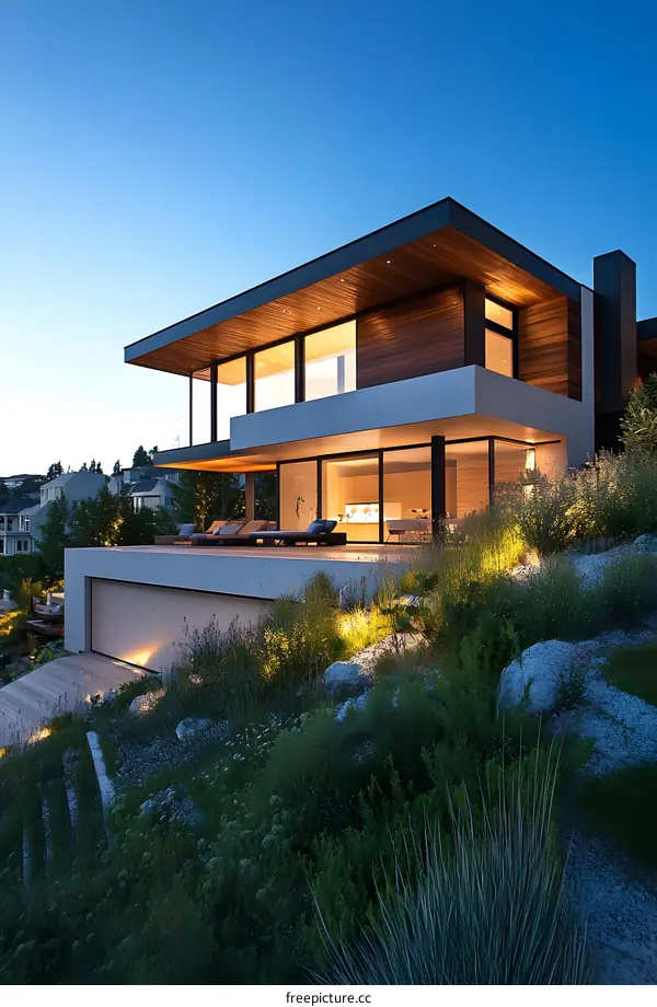 Modern House with Sloped Landscaping and Night Lighting