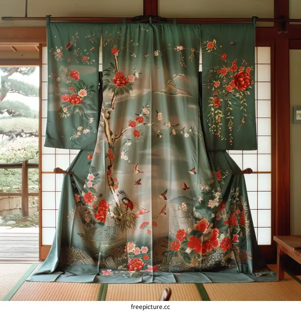 A kimono with a floral pattern and a mountain landscape