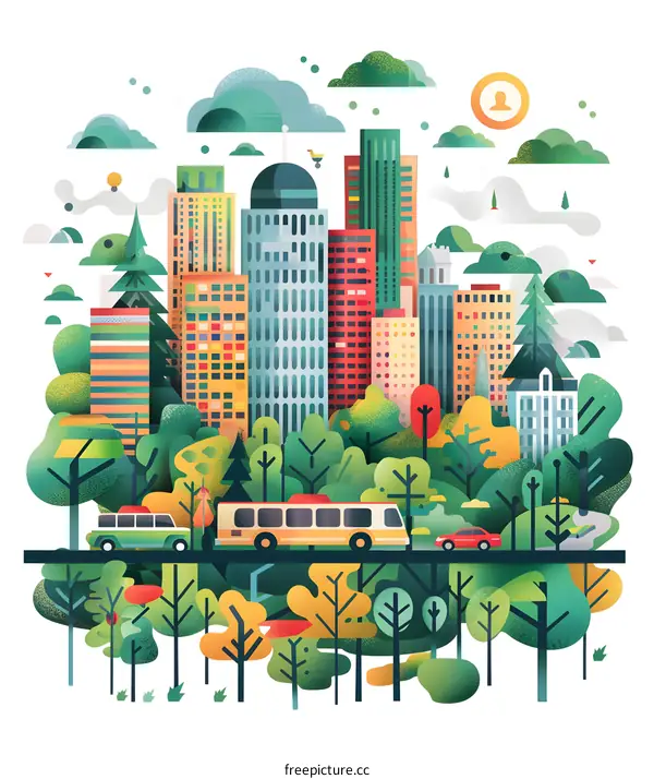 Cityscape Illustration with Green Trees and Buildings